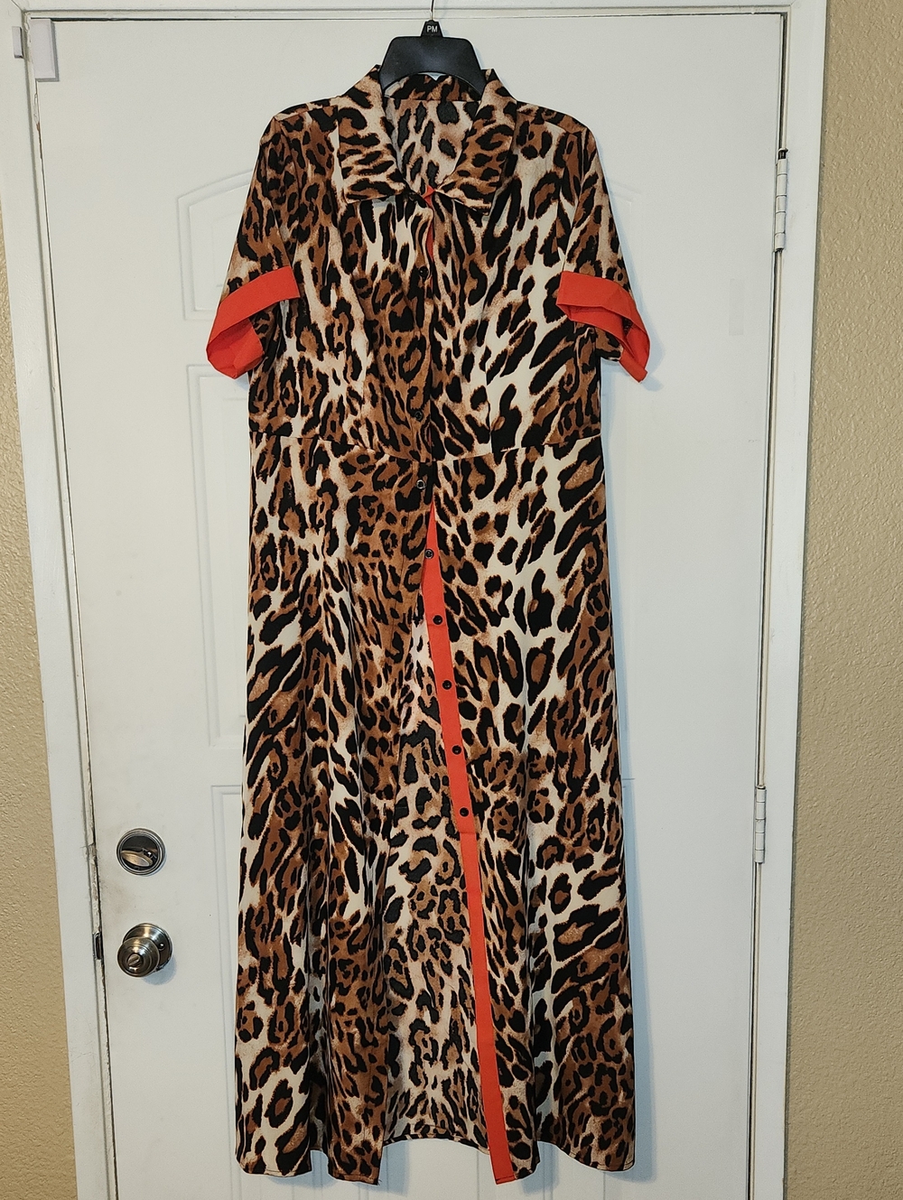 Leopard Print Maxi Shirt Dress with Coral Trim